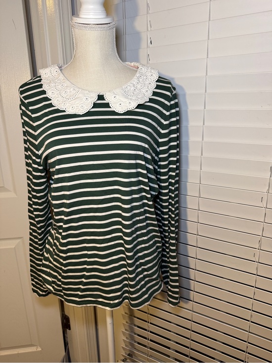 Boden Tops - Boden Green and White Striped Long-Sleeve Top with Lace Collar